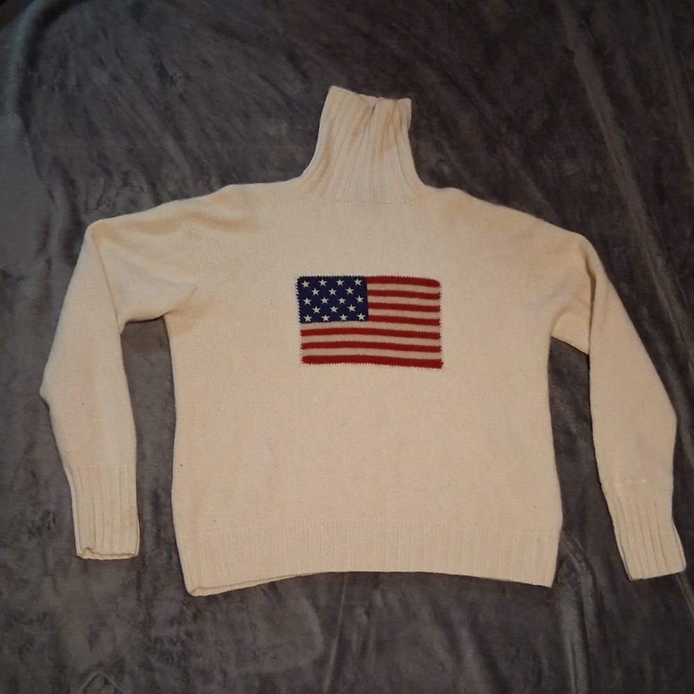 Vintage Ralph Lauren Iconic USA Flag Sweater 100% Cashmere Size S July 4th White